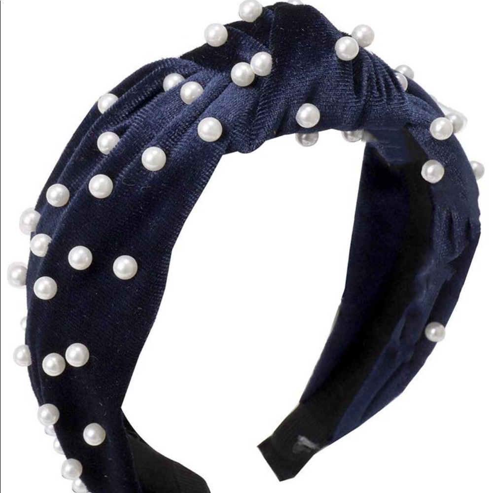 New navy pearl velvet headband